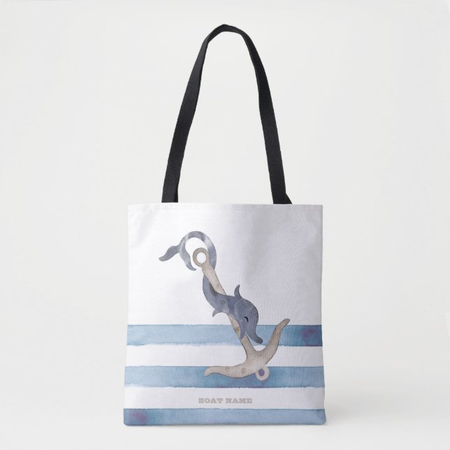 Tote Bag Nom de bateau nautique, rayures de dauphin d'ancre (Devant)