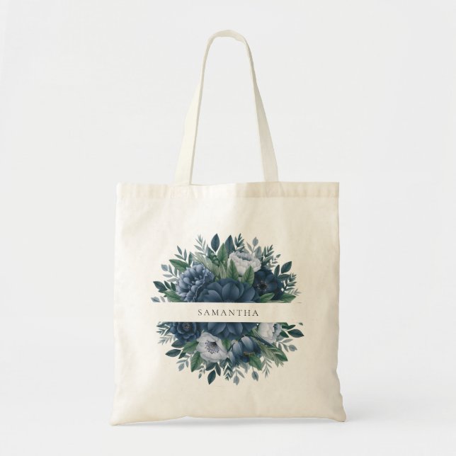 Tote Bag Nom de demoiselle d'honneur bleu marine et bleu cl (Devant)