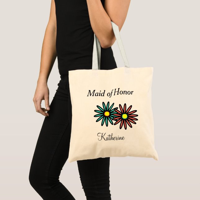 Tote Bag Nom de Demoiselle d'Honneur Fleurs Turquoise Corai (Devant (produit))