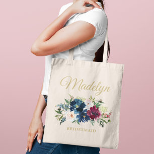 Tote Bag Nom de demoiselle d'honneur floral bordeaux Blush 