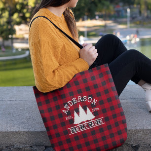 Tote Bag Nom de famille du cabine Red Buffalo Plaid