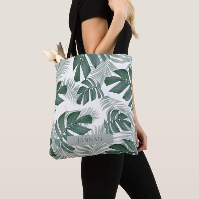 Tote Bag Nom de feuille tropicale verte aquarelle moderne (De près)