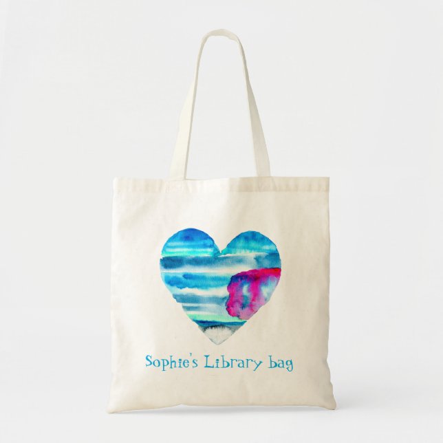 Tote Bag Nom de la bibliothèque de coeur bleu aquarelle (Devant)