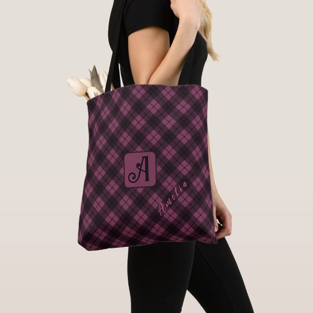 Tote Bag Nom de la Personnaliser Plaid Noir Violet (De près)