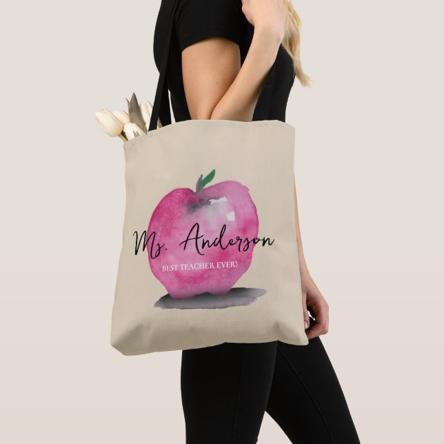 Tote Bag Nom de l'enseignant Apple Meilleur enseignant jama (De près)