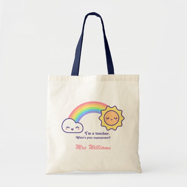 Tote Bag Nom De L'Enseignant Cute Retro Rainbow Et Sun (Devant)