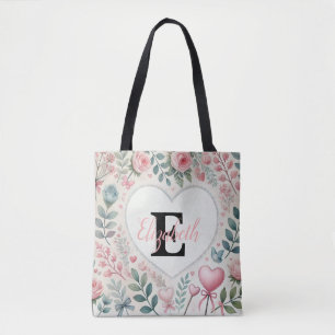 Tote Bag Nom de monogramme Coeurs Vintages aquarelle floral