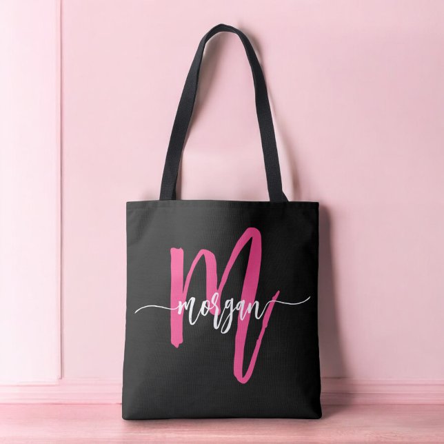 Tote Bag Nom de monogramme féminin écriture moderne noir ro (Créateur téléchargé)