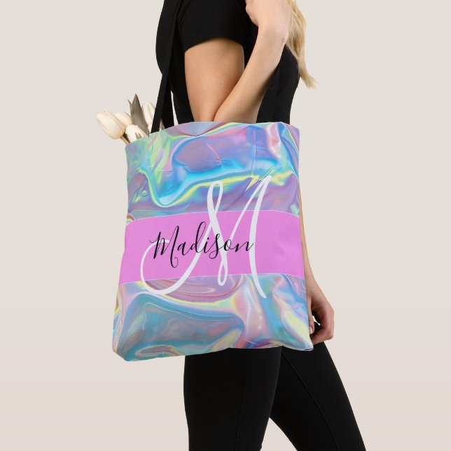 Tote Bag Nom de monogramme holographique iridescent rose fé (De près)
