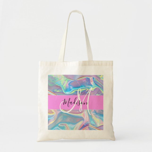 Tote Bag Nom de monogramme holographique iridescent rose fé (Devant)