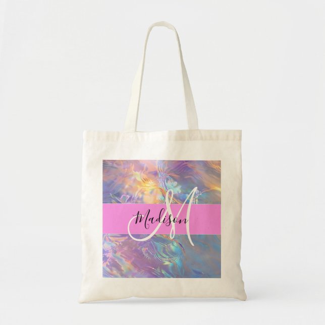 Tote Bag Nom de monogramme holographique iridescent rose fé (Devant)