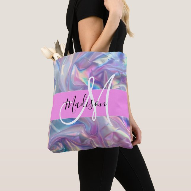 Tote Bag Nom de monogramme holographique iridescent rose fé (De près)