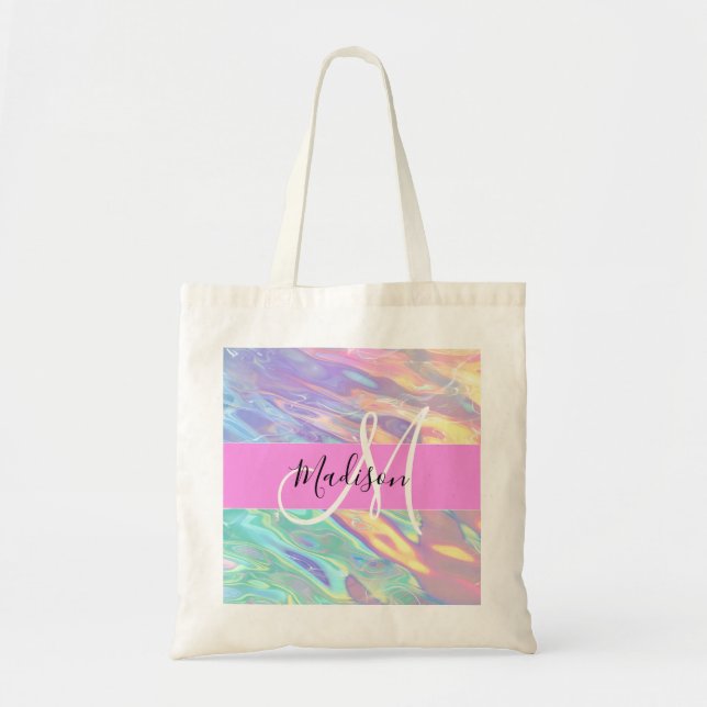 Tote Bag Nom de monogramme holographique iridescent rose fé (Devant)