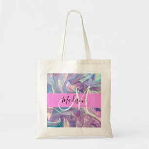 Tote Bag Nom de monogramme holographique iridescent rose fé
