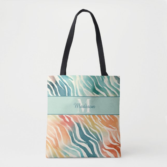 Tote Bag Nom de monogramme personnalisé Élégant Muted Multi (Devant)