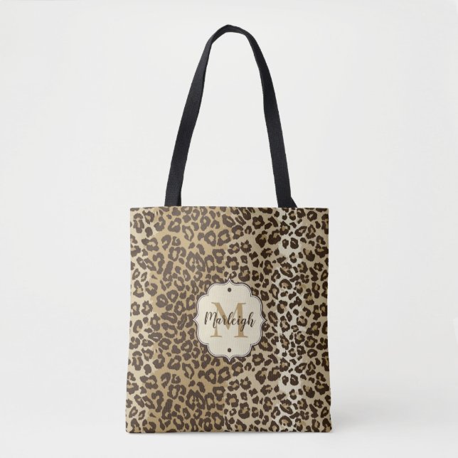 Tote Bag Nom de monogramme personnalisé Empreinte de léopar (Devant)