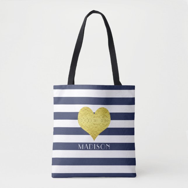 Tote Bag Nom de motif à rayures bleues modernes (Devant)