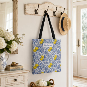 Tote Bag Nom de motif botanique citron bleu vintage