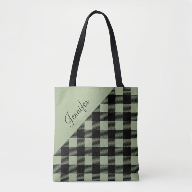 Tote Bag Nom de motif carreaux vert sauge moderne (Devant)