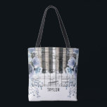 Tote Bag nom de musique florale bleu poussiéreux<br><div class="desc">nom personnalisé musique florale notes piano sac</div>