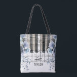 Tote Bag nom de musique florale bleu poussiéreux<br><div class="desc">nom personnalisé musique florale notes piano sac</div>
