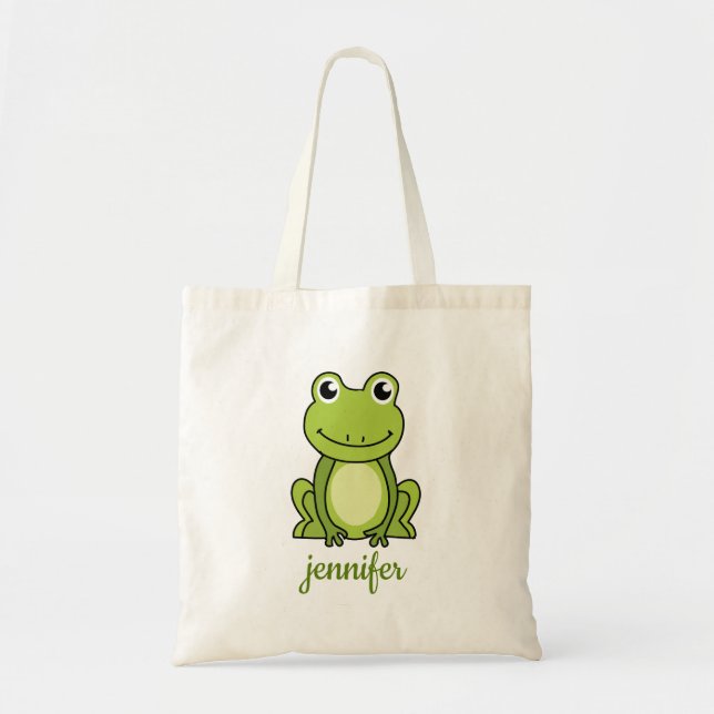 Tote Bag Nom de script avec cadeau de grenouille mignonne - (Devant)
