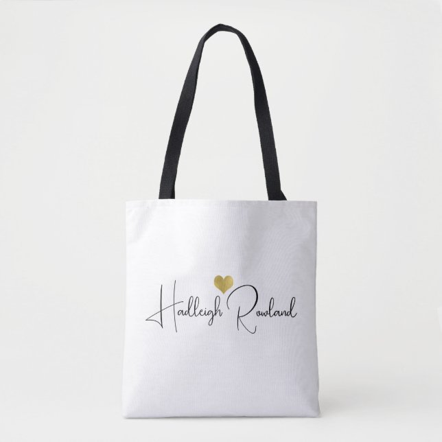 Tote Bag Nom de script de monogramme élégant en or noir (Devant)