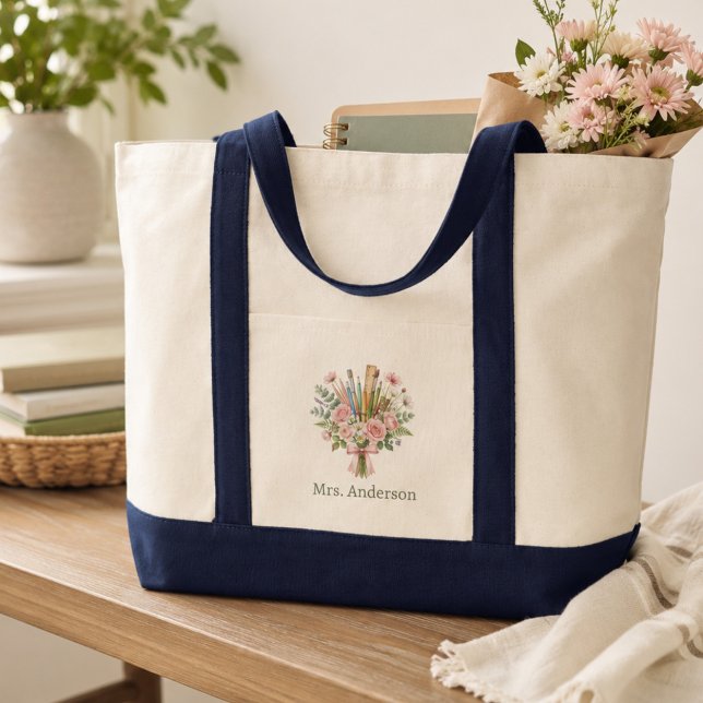 Tote Bag Nom d'enseignant personnalisé Fleurs de rentrée sc (Créateur téléchargé)