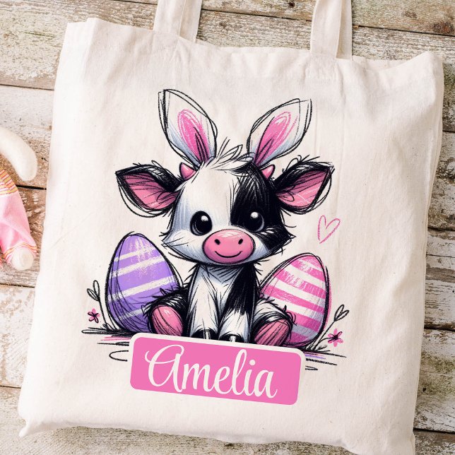 Tote Bag Nom des enfants de Pâques Filles Vache lapin (Cow Easter Hunt Tote Bag)