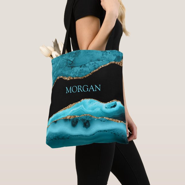 Tote Bag Nom DIY, Agate sarcelle, noir et or (De près)