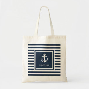 Tote Bag Nom du bateau Corde d'ancre nautique rayée bleu ma