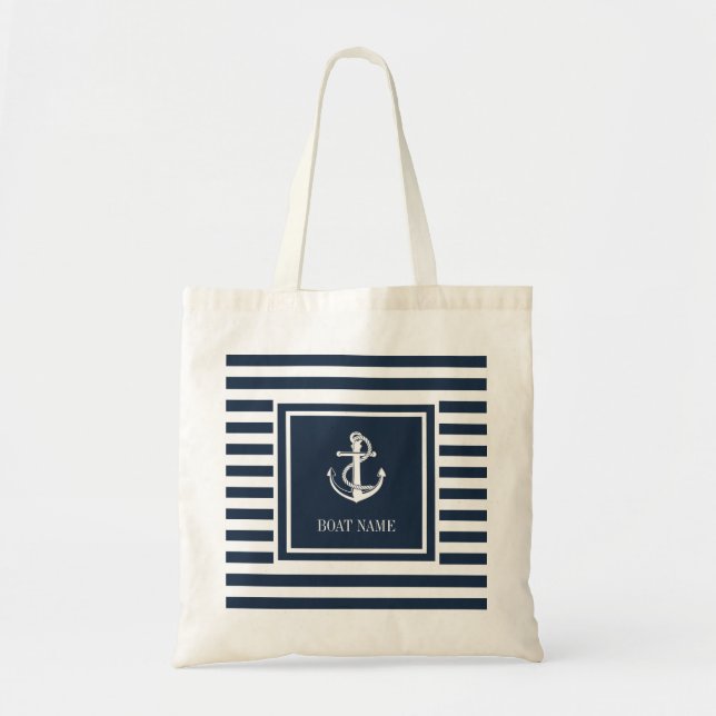 Tote Bag Nom du bateau Corde d'ancre nautique rayée bleu ma (Devant)