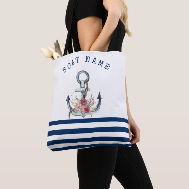 Tote Bag Nom du bateau, fleurs d'ancre bleu marine rayées  (De près)