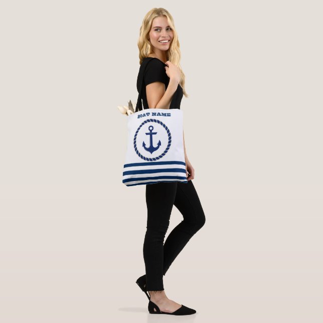 Tote Bag Nom du bateau nautique, Ancre Marine Bleu rayé (Sur le modèle)
