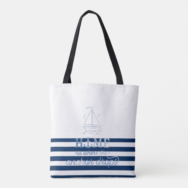 Tote Bag Nom du bateau nautique, Ancre Marine Bleu rayé (Dos)
