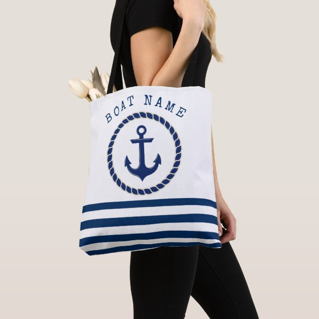 Tote Bag Nom du bateau nautique, Ancre Marine Bleu rayé (De près)