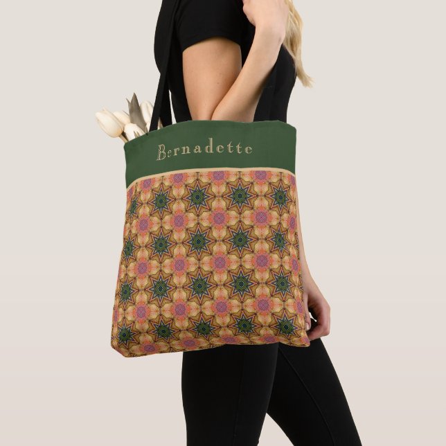 Tote Bag Nom du monogramme Coral Orange Green Star (De près)