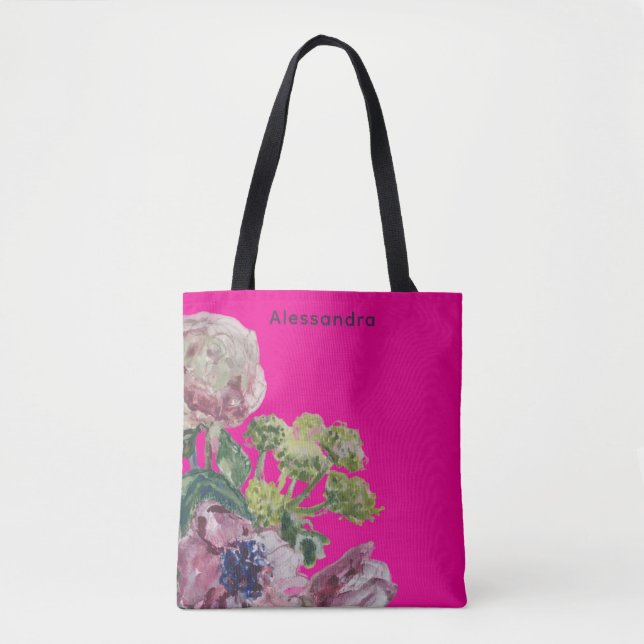 Tote Bag Nom du monogramme couleur rose-chaud floral gras (Devant)