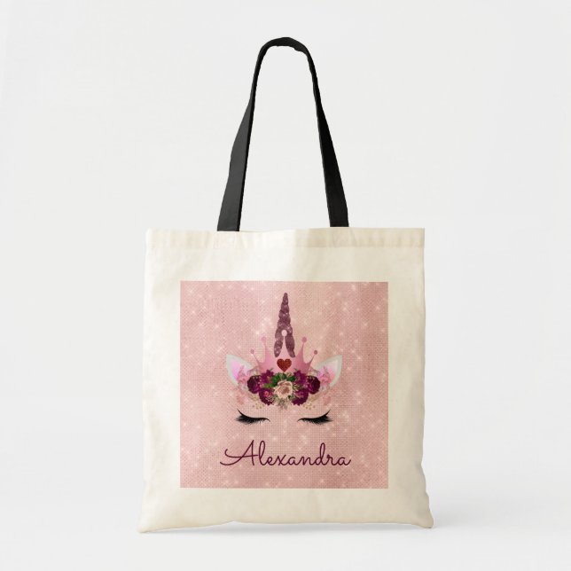 Tote Bag Nom du monogramme de la licorne rose pâle (Devant)