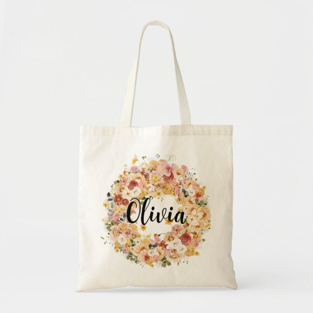 Tote Bag Nom du monogramme de la servante florale élégante (Devant)