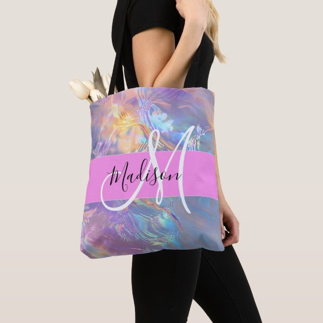 Tote Bag Nom du monogramme d'iridescendance rose-fille (De près)