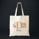 Tote Bag Nom du monogramme élégant Rose or initial<br><div class="desc">Un beau sac fourre-tout à fleurs roses monogrammées et féminines, avec des fleurs roses et une lettre "D" en faux or monogramme. Personnalisez le sac fourre-tout en ajoutant votre nom sous le monogramme. Fait un cadeau amusant pour un ami ou pour un cadeau de femme d'honneur. Conçu pour vous par...</div>