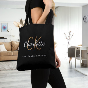 Tote Bag Nom du monogramme en or noir - écriture initiale
