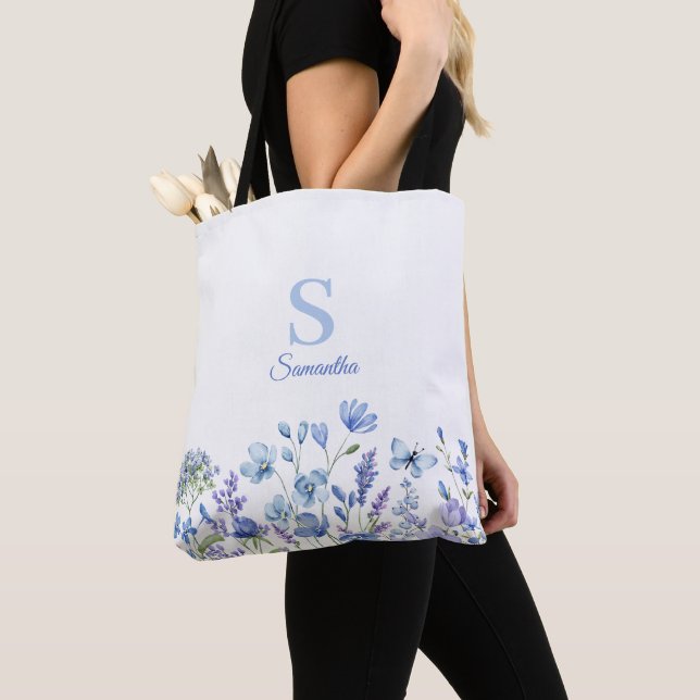 Tote Bag Nom du monogramme floral bleu (De près)