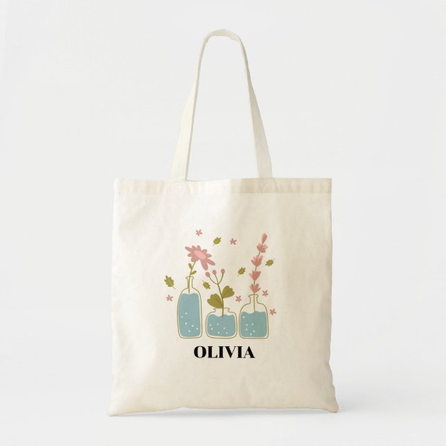 Tote Bag Nom du monogramme floral fleur sauvage (Devant)