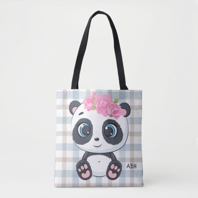 Tote Bag Nom du monogramme floral rose Panda Cute (Devant)