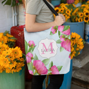 Tote Bag Nom du monogramme floral rose Personnalisé