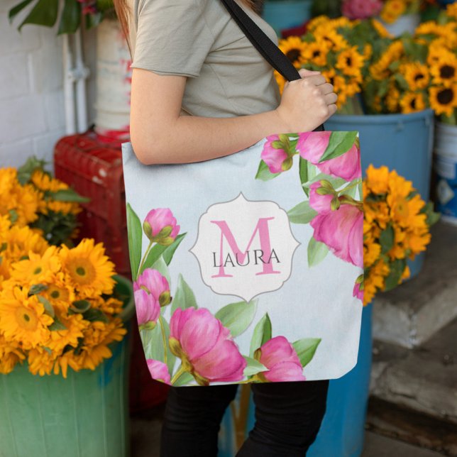 Tote Bag Nom du monogramme floral rose Personnalisé (Créateur téléchargé)