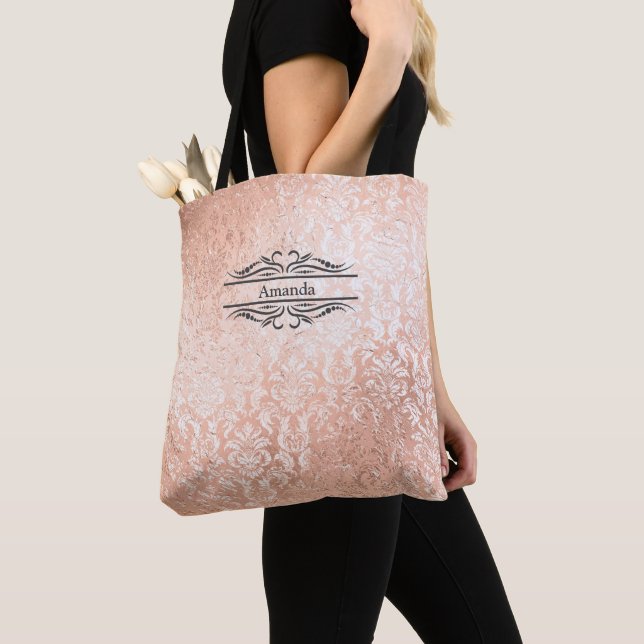 Tote Bag Nom du monogramme Initiales Rose Gold Damask Bride (De près)