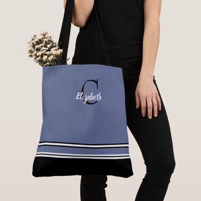 Tote Bag Nom du monogramme moderne mignon Noir initial Bleu (De près)